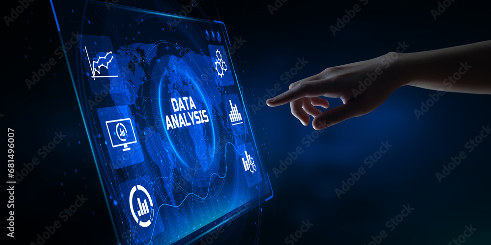 Poster data analysis analytics bi business intelligence concept. hand pressing button on screen.
