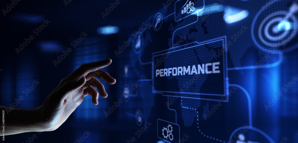 Poster performance productivity kpi business development concept. hand pressing button on virtual screen.