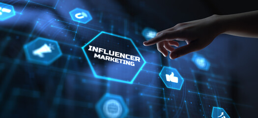 Fototapeta premium Influencer marketing social media and internet concept. Hand pressing button on screen.