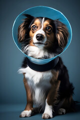 Fototapeta premium mixed breed brown and black dog in protective veterinary collar on an blue background treatment and care for pets after surgery