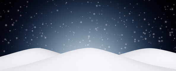 Magic winter season snowy landscape with blue night sky and snowflakes.