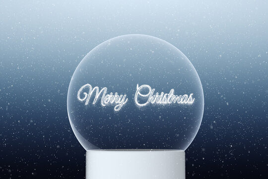Merry Christmas holiday snow globe snowball with snowflakes. Illustration.