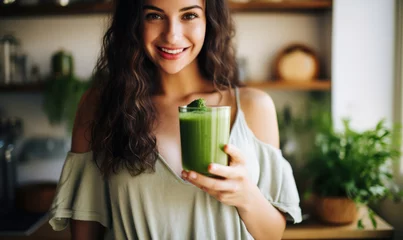 Poster A young woman stood in a kitchen with a healthy green smoothie detox diet drink © ink drop