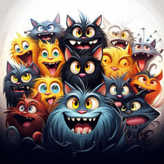 Funny, crazy cats. Multicolored pets humor illustration