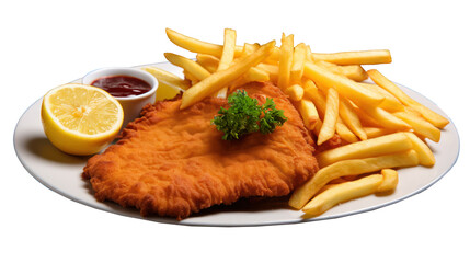 A German schnitzel with fries, lemon and ketchup, isolated