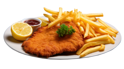 A German schnitzel with fries, lemon and ketchup, isolated