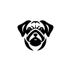 Cute muzzle of a black pug on a white background. Drawing, raccoon logo, icon.