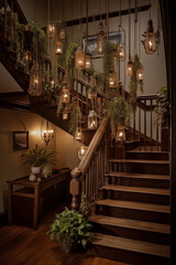 ornately designed set of tightly together hanging wood planters with lights arranged like a chandelier. AI generated