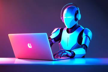 The robot works at the computer. The future of cyber learning