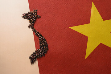 Coffee beans forming the map of Vietnam, on the flag of Vietnam