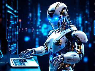 Robot working on laptop computer. Artificial intelligence concept. 3D Rendering.IA generativa