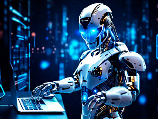 Fototapeta premium Robot working on laptop computer. Artificial intelligence concept. 3D Rendering.IA generativa