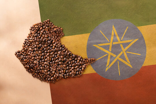 Coffee beans forming the map of Ethiopia, on the Ethiopian flag
