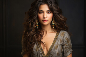 Naklejka premium Portrait of beautiful young brunette woman with long curly hair.