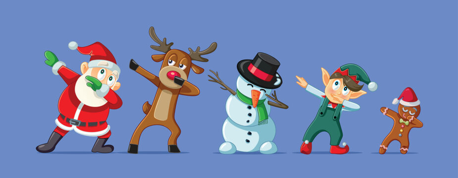 Santa Claus and his Little Helpers Dancing Together Vector Banner Cartoon. Funny characters having fun celebrating during holidays 

