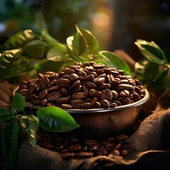 Open bag with coffee beans slices of green leaves. beautiful light, vigor of coffee beans, among coffee bushes