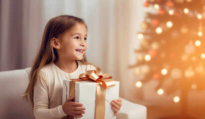 Little girl holding a gift with a golden bow, smiling, in the background of a Christmas tree with lights, generative ai

