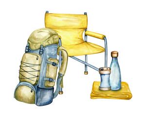 Camping in nature. Hiking gear, hand drawn watercolor illustration. Glamping clipart, tripod, barbecue and folding chair, saucepan and backpack, blanket, lantern