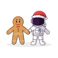 Little Cute Astronaut Kid With Gingerbread man. Cartoon Logo Illustration Design. Isolated Premium Vector File, background is easy to edit. Can use for Icon, Logo, banner, flyer or any design project