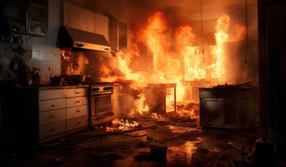 Fire, explosion with red flames of fire in the kitchen. - obrazy, fototapety, plakaty