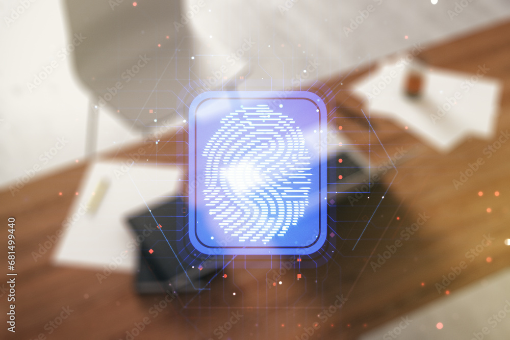 Poster Multi exposure of abstract fingerprint scan interface and modern desk with computer on background, digital access concept