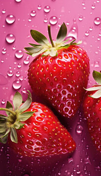 Red ripe strawberries on a pink background