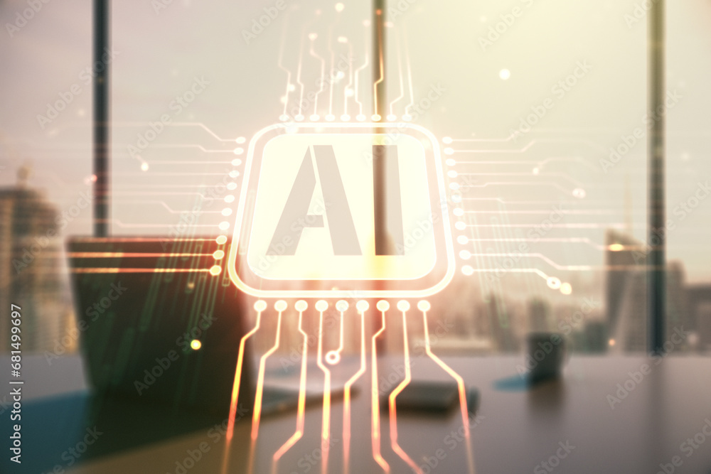 Aufkleber Creative artificial Intelligence symbol concept and modern desktop with computer on background. Multiexposure