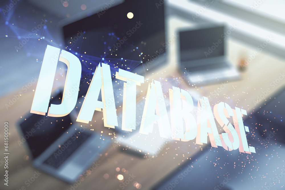 Poster double exposure of creative database word hologram and modern desktop with laptop on background, res