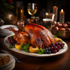 Close-up of a perfectly roasted Christmas turkey with cranberries and oranges on wooden table. Family meal, roasted chicken, sharing meal, homemade family dish, christmas meal, lunch, food