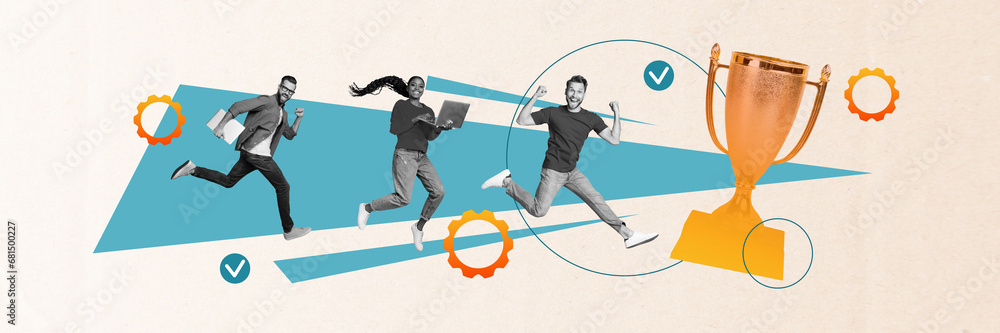 Poster artwork collage image of mini black white effect people run jump use netbook raise fists big champio