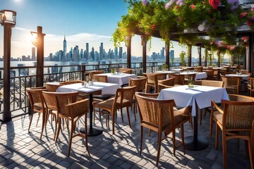 Tables and Chairs on a Terrace Roof, Refreshed by Cityscape Views