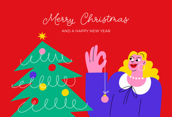 Happy woman decorate the Christmas tree. Merry Christmas and Happy New Year greeting card. Trendy flat style. 