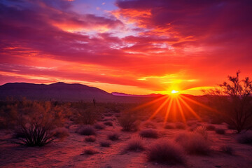 dramatic and vibrant colors of desert sunset, with the sky ablaze in shades of red, orange, and purple, and the landscape basking in the warm and golden light