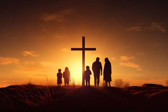 Silhouette of family looking for the cross of Jesus Christ on autumn sunrise background. Easter Sunday concept. - Powered by Adobe