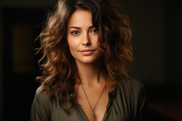 Portrait of a beautiful young woman with curly hair in a green blouse.