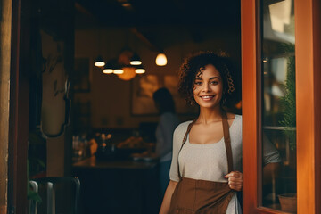 Portrait of handsome young female coffee shop owner standing at doorway of her coffee shop.