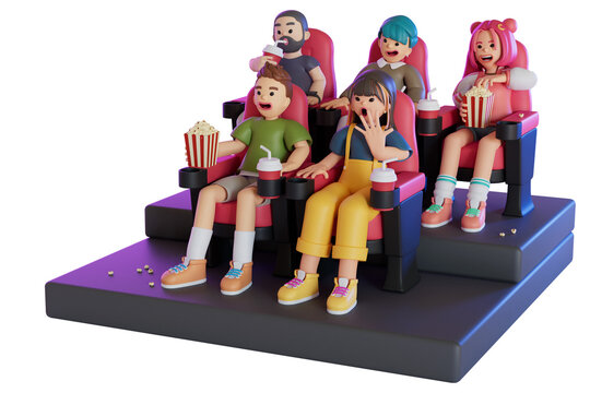 People are sitting in chairs and watching a movie in the cinema theater Men and women couples and children eat drink drinks watch film 3d render style