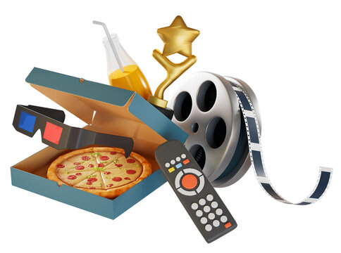 Elements for making watching movies at home more enjoyable with pizza 3D glasses orange juice on transparent background
