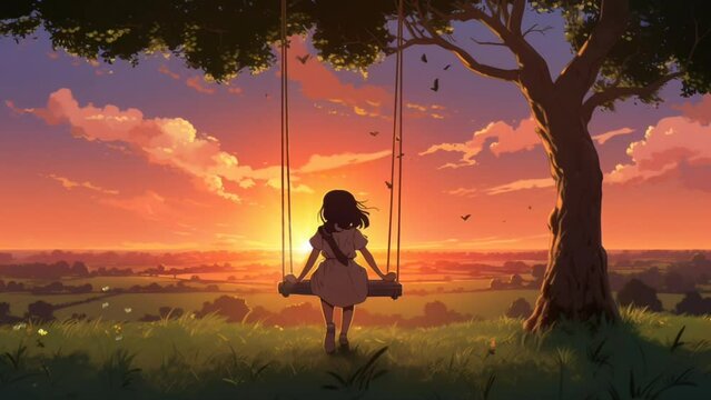 Anime style woman sitting on a swing with a view of sunset and butterflies. seamless time lapse virtual 4k video animation background. Generated with AI