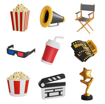 3d icon set of cinema, movie, video and audio icons. Trendy glossy plastic design elements. High quality isolated render on a transparent background