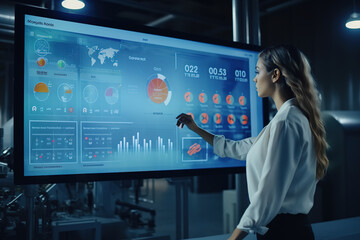 Confident female engineer using interactive display analyzing growth, stats, graphs and diagrams of her company.