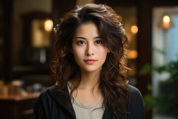 Portrait of beautiful young asian woman with makeup in fashion clothes, indoor.