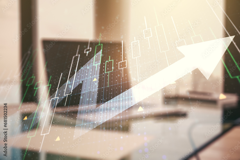 Poster multi exposure of abstract financial diagram with upward arrow on computer background, rise and brea