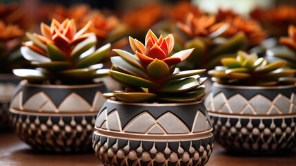 Obraz na płótnie Canvas Decorative tropical Succulents in geometric ornamented flower pots in art deco style. Space for text