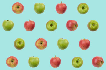 Colorful fruit pattern of fresh red, green apples on blue background. texture design for textiles, wallpaper, fabric. From top view.
