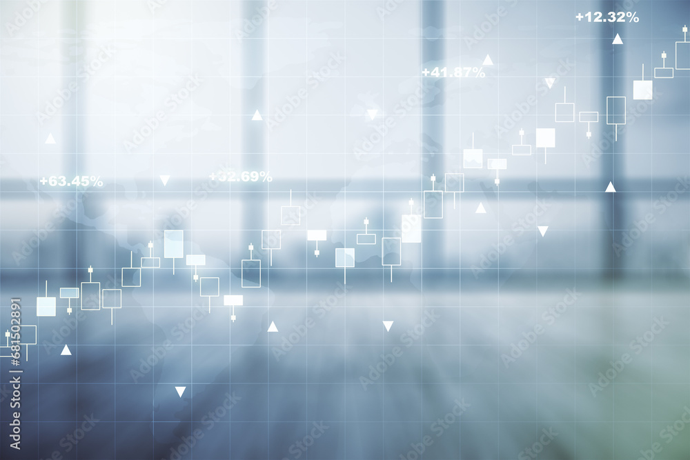 Poster multi exposure of virtual creative financial graph and world map on empty corporate office backgroun