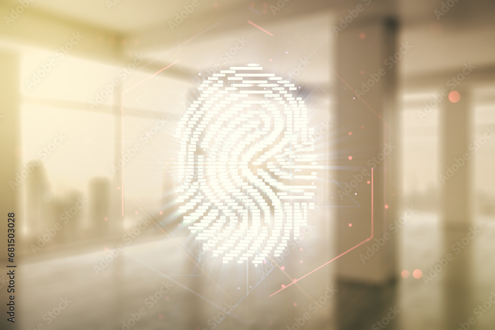 Aufkleber Multi exposure of virtual fingerprint scan interface on empty modern office background, digital access concept