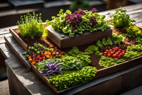 Create an image of a salad presented on a miniature edible rooftop garden, complete with tiny vegetable plants and herbs enhancing the visual appeal