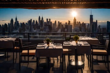 Rooftop Restaurant Terrace with Tables and Chairs, Overlooking City Skylines