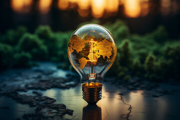 Renewable Energy.Environmental protection, renewable, sustainable energy sources. Green world map on the light bulb on green background .green energy. Renewable energy is important to the world - Powered by Adobe